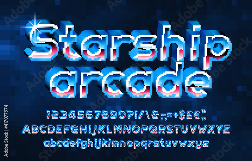 Starship Arcade alphabet font. Pixel 3D letters, numbers and punctuations. Pixel background. 80s arcade video game typescript.
