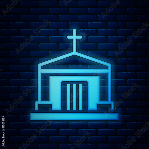Glowing neon Old crypt icon isolated on brick wall background. Cemetery symbol. Ossuary or crypt for burial of deceased. Vector.