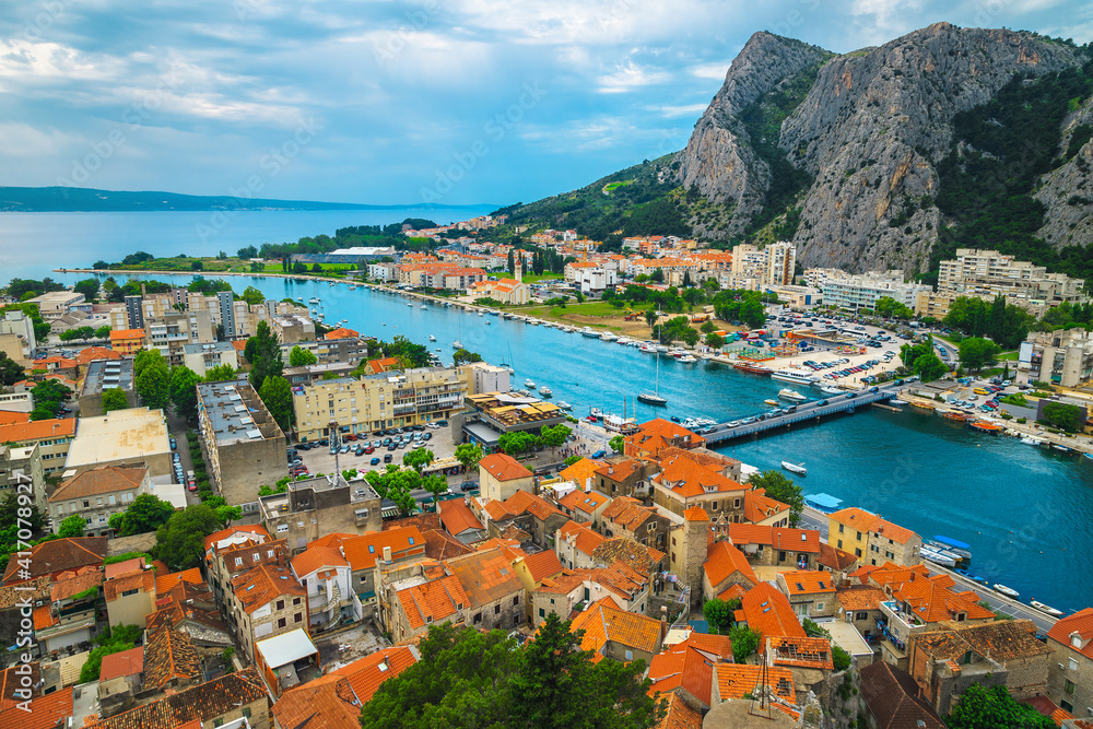 Omis cityscape with Cetina river from the Mirabella fortress, Croatia