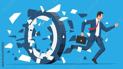 Businessman running and breaking target. Business man in suit with briefcase. Goal setting. Smart goal. Business target concept. Achievement and success. Vector illustration in flat style