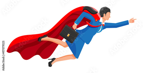 Superhero businesswoman flying in sky. Business woman in suit and red cloak. Goal setting. Smart goal. Business target concept. Achievement and success. Vector illustration in flat style