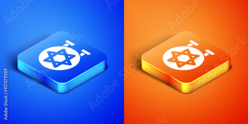 Isometric Jewish synagogue building or jewish temple icon isolated on blue and orange background. Hebrew or judaism construction with David star. Square button. Vector.