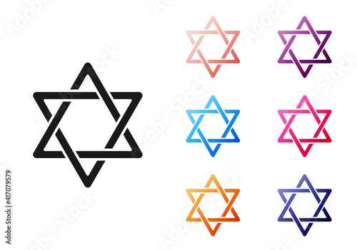 Black Star of David icon isolated on white background. Jewish religion symbol. Symbol of Israel. Set icons colorful. Vector.