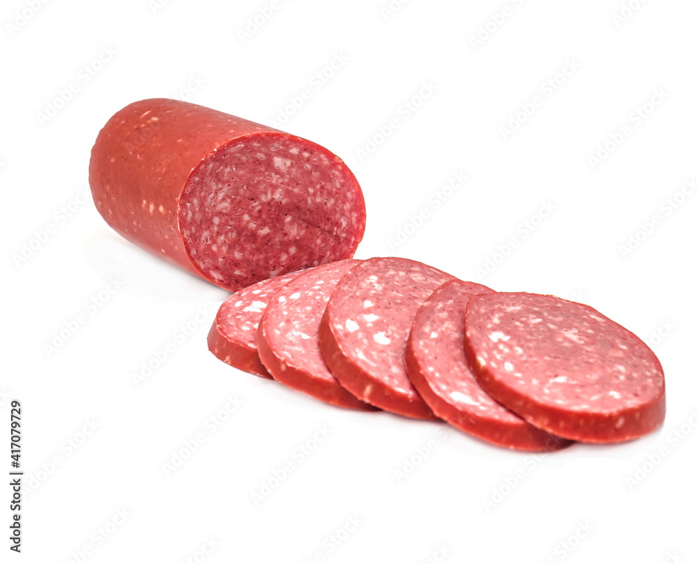 Sausage slices Semi-smoked sausage isolated on white background. Meat delicacies Sausage slices Semi-smoked sausage isolated on white background. Meat delicacies