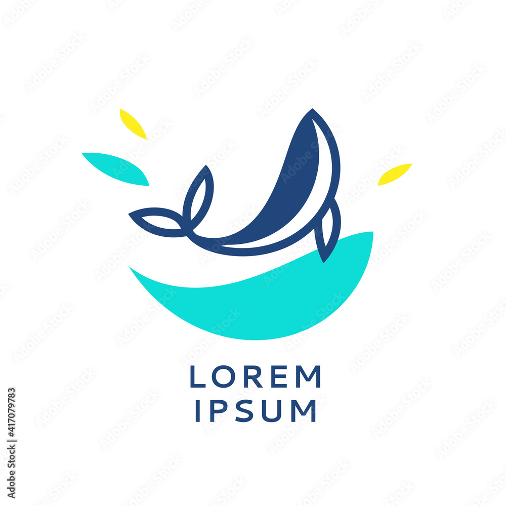 Obraz premium Logo with a silhouette of whale on waves for swimming team or water show or Seaquarium. Concept for theme of protect ecology, ocean, sea animals. Vector template.