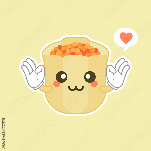Cute cartoon Dim sum flat design illustration, traditional Chinese dumplings, with funny smiling faces. Kawaii asian food vector illustration.