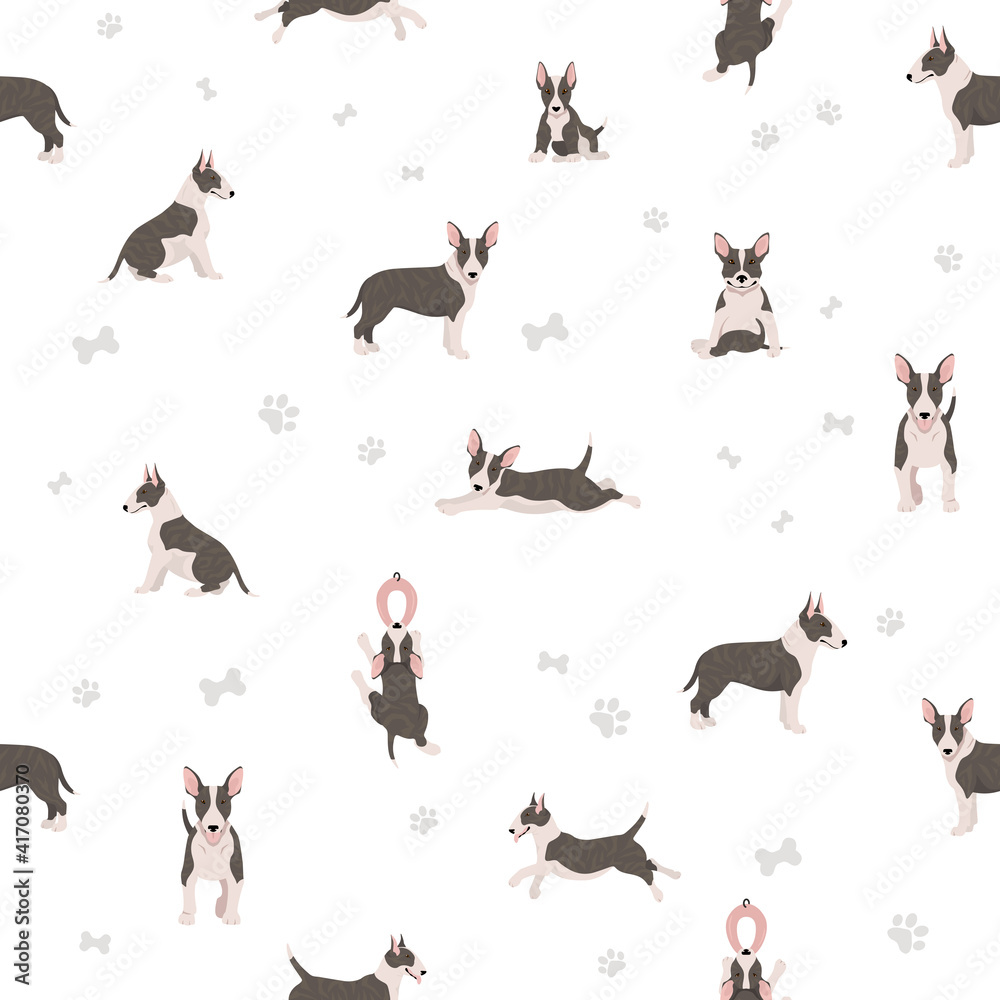 Bull terrier seamless pattern. Different poses, coat colors set. Bull terrier seamless pattern. Different poses, coat colors set.