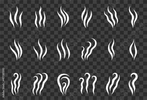 Set of white icons of smells, steam, smoke and fog. Jets of air, waves of evaporation and the stench of aromas. Isolated silhouettes of vapor