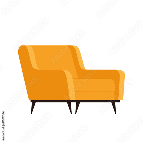 Stylish yellow comfortable flat karton style armchair. Part of the interior of a living room or office. Isolated on white background