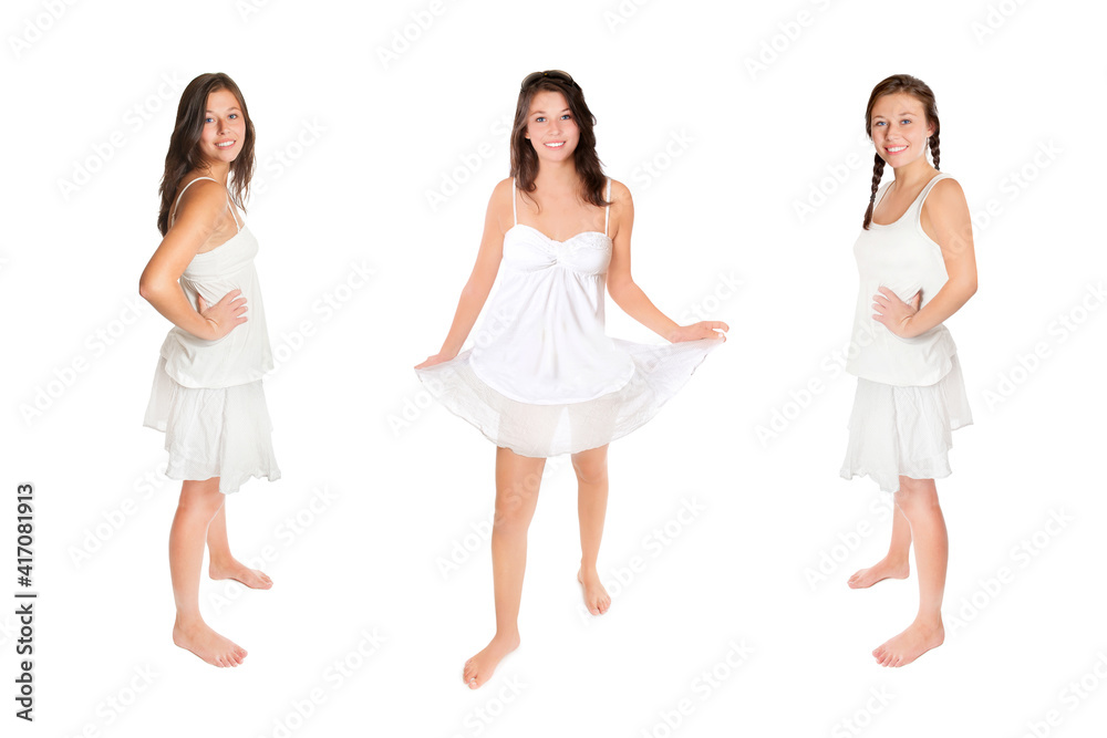 Three full length portraits of a happy young woman wearing a white top and a short summer skirt, isolated on white studio background Three full length portraits of a happy young woman wearing a white top and a short summer skirt, isolated on white studio background