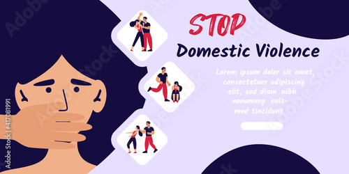 Stop domestic violence banner. Social issues, abuse and agression on women, harassment and bullying. Violence against woman. Flat illustration, isolated on a white background.