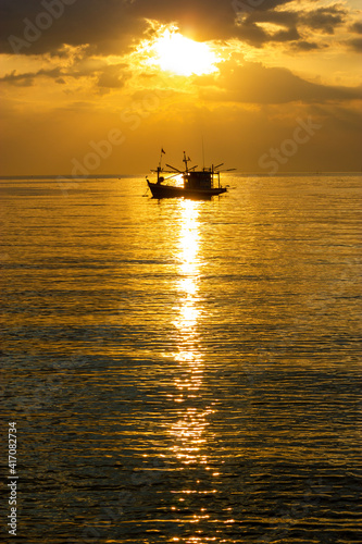 boat at sunset, Fishing boats at sunset, Bang Lamung, Chon Buri, Thailand © chanin
