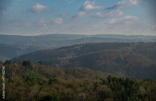 Great landscape panorama of the low mountain range of the Eifel