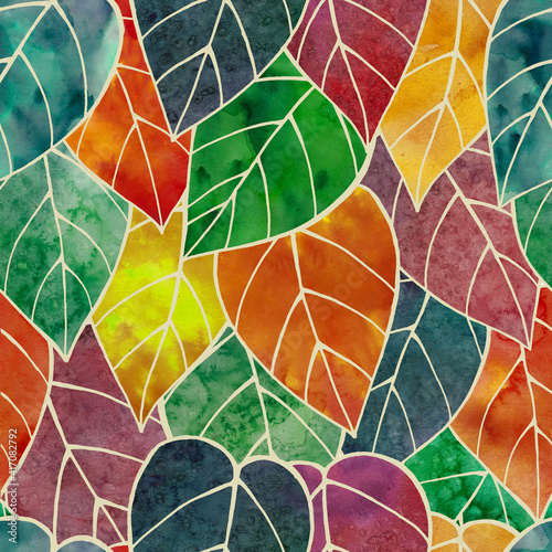 Vintage autumn watercolor leaves different colors. Seamless pattern
