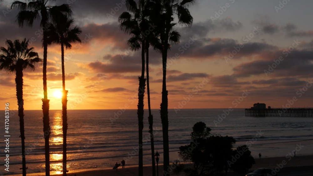 Palms silhouette on twilight sky, California USA, Oceanside pier. Dusk gloaming nightfall atmosphere. Tropical pacific ocean beach, sunset afterglow aesthetic. Dark black palm tree, Los Angeles vibes.