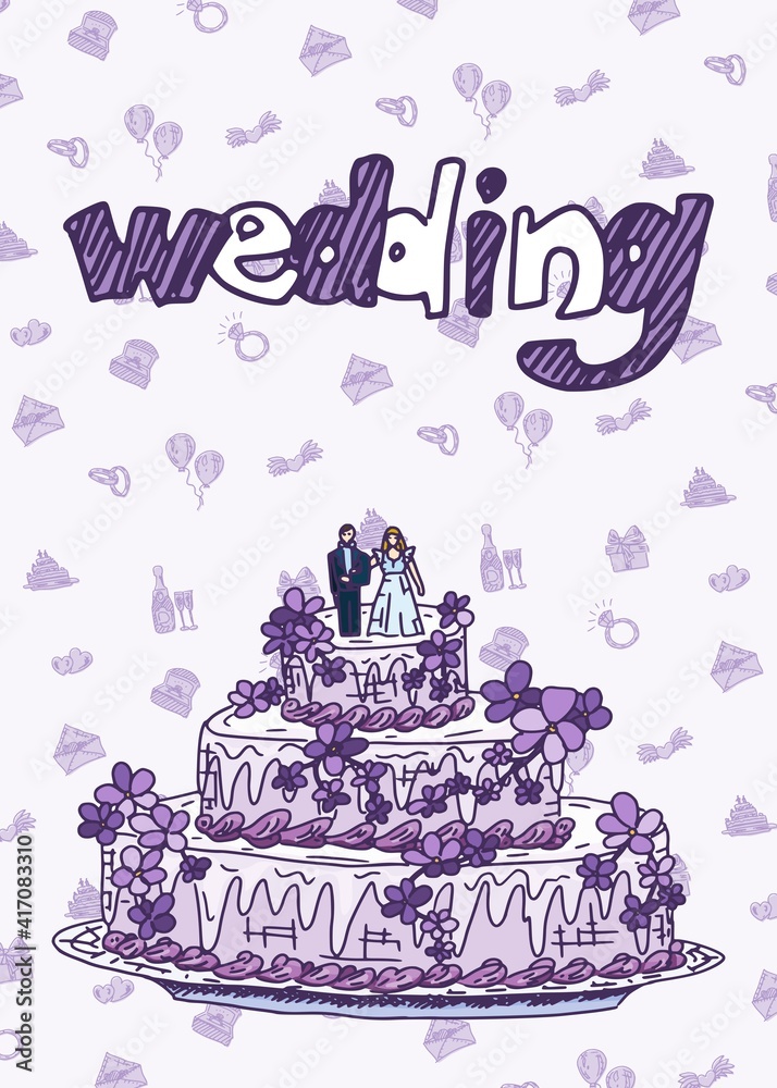 bright wedding poster with birthday cake. doodle bright wedding poster with birthday cake. doodle