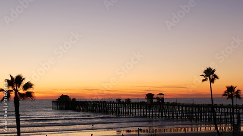 Palms silhouette on twilight sky, California USA, Oceanside pier. Dusk gloaming nightfall atmosphere. Tropical pacific ocean beach, sunset afterglow aesthetic. Dark black palm tree, Los Angeles vibes.