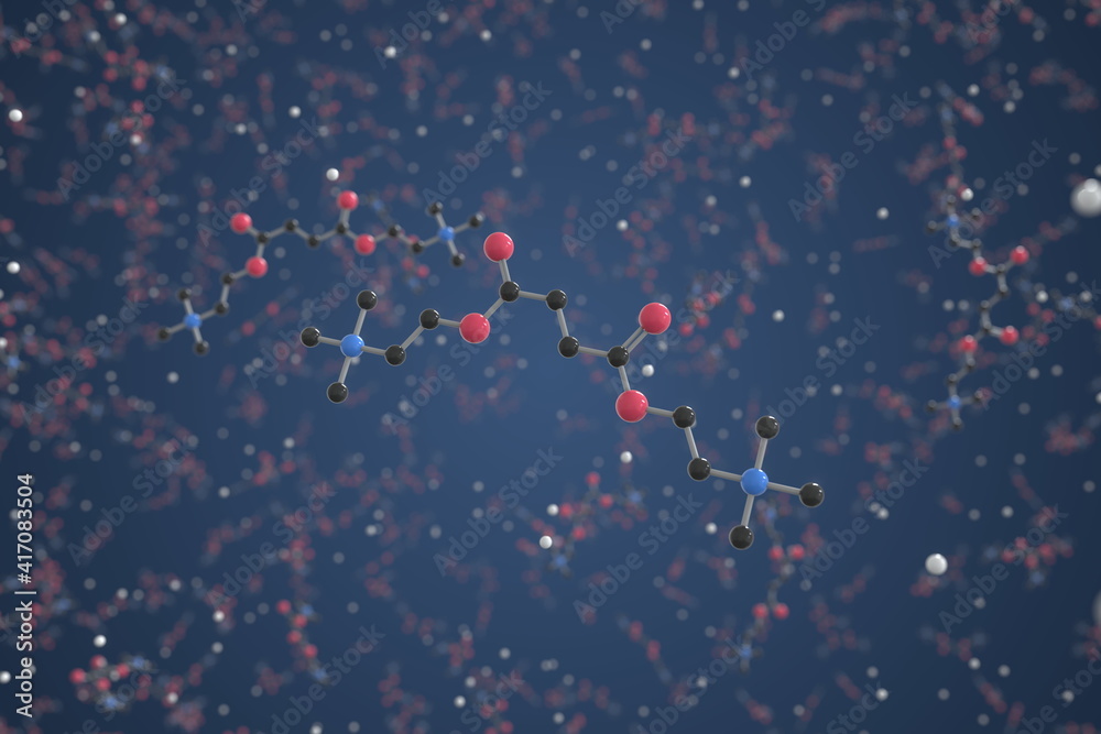 Suxamethonium molecule. Ball-and-stick molecular model. Chemistry related 3d rendering Suxamethonium molecule. Ball-and-stick molecular model. Chemistry related 3d rendering