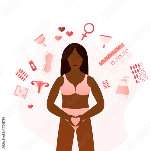 African girl in underwear, menstrual period objects around - uterus, sanitary pads, calendar, female health care theme