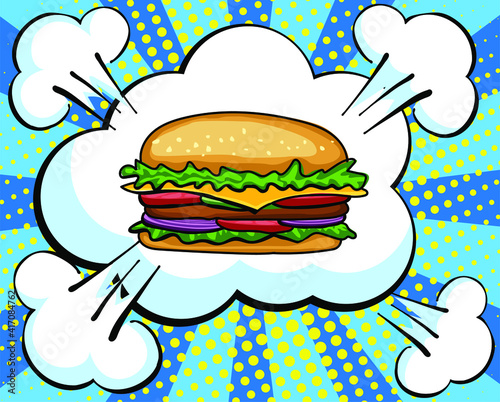 Hand drawn Hamburger. Vector Fast Food sketch. Comic book style, pop art retro vector illustration