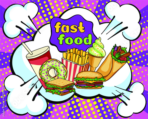 Vector banner with fast food: milkshake, cupcake, hamburger, french fries. Pop art style. Pink background