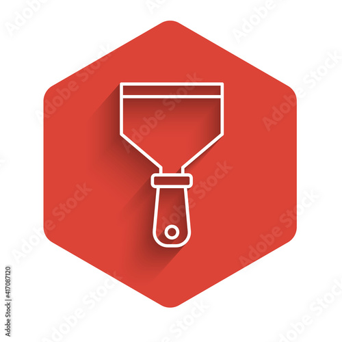 White line Putty knife icon isolated with long shadow. Spatula repair tool. Spackling or paint instruments. Red hexagon button. Vector.
