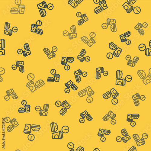Blue line Fast food time icon isolated seamless pattern on yellow background. Vector.