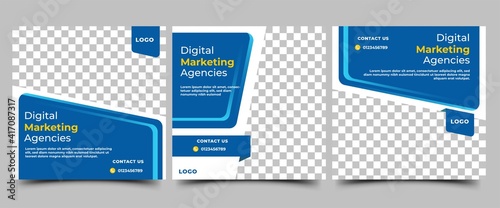 Modern social media post template design set for business. Blue and white background with abstract line shape. Vector design with photo collage. Suitable for social media, flyers, banners, and web ads