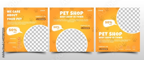 Modern social media post template design set for pet shop. Yellow background color with paw print pattern illustration. Flat design vector with photo collage. Usable for social media, flyers, and web