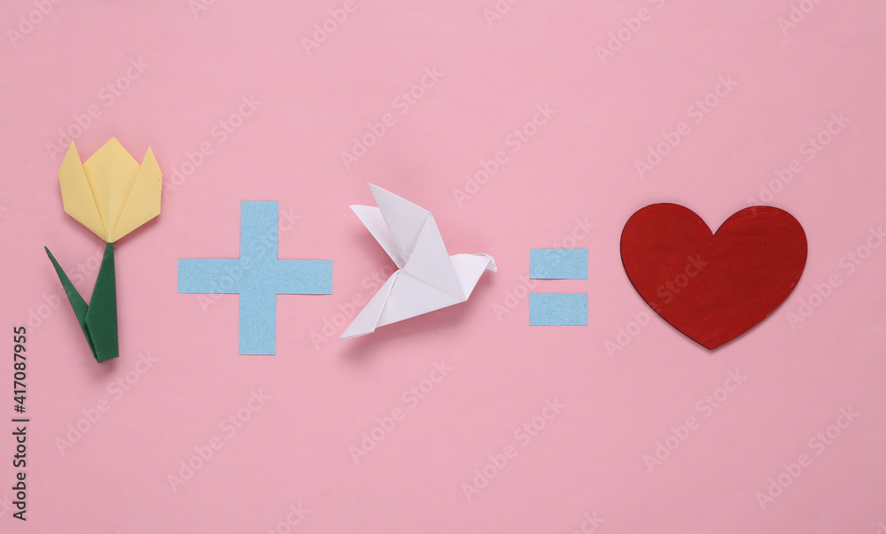 Spring composition. Equation with origami tulip, dove and heart on pink background