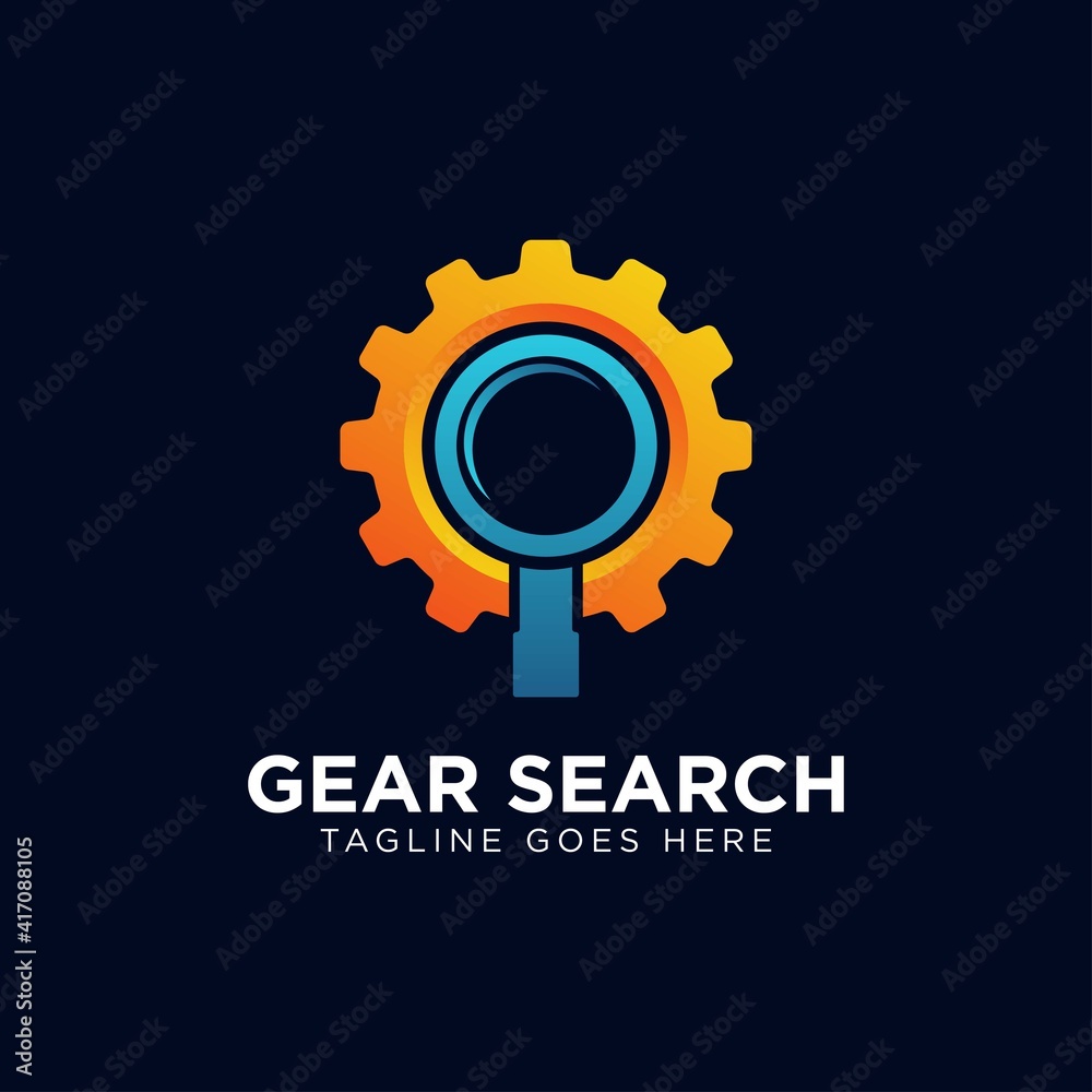 Gear search logo - wheel or pinion and loupe or magnifier symbol. Industry, equipment and repair vector icon. Gear search logo - wheel or pinion and loupe or magnifier symbol. Industry, equipment and repair vector icon.
