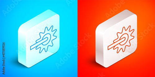 Isometric line Cowboy horse riding spur for boot icon isolated on blue and red background. Silver square button. Vector.