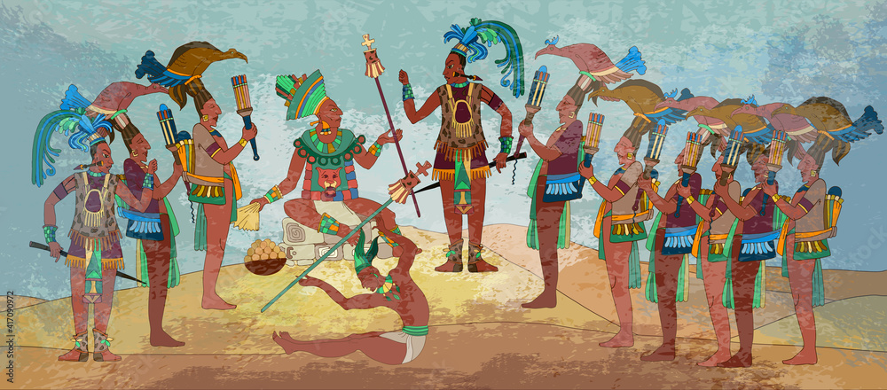 Ancient Mayan. Mural Painting. Old frescos style. Aztec and Inca people.  Pyramid and tribe. Maya background. Historical art. Ancient mexican history  Stock Vector | Adobe Stock