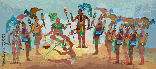 Ancient Mayan. Mural Painting. Old frescos style. Aztec and Inca people. Pyramid and tribe. Maya background. Historical art. Ancient mexican history