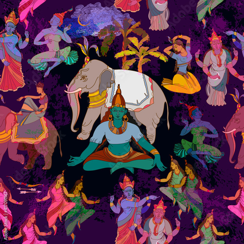 Gods of India. Old Asian culture art. Mythology, tradition and history. Seamless pattern. Ancient frescoes. Ramayana. Traditional indian mural paintings style background