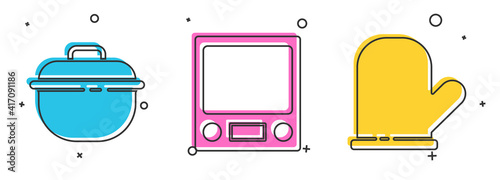 Set Cooking pot, Electronic scales and Oven glove icon. Vector.