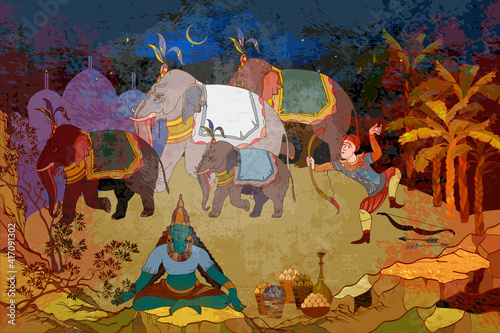 Traditional indian mural paintings style. Old Asian culture. Mythology, tradition and history. Religion. Hinduism. Vishnu and Shiva. Dancing goddesses in the jungle. Gods of India. Ancient frescoes