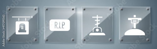 Set Grave with cross, Grave with cross, Speech bubble rip death and Signboard tombstone. Square glass panels. Vector.