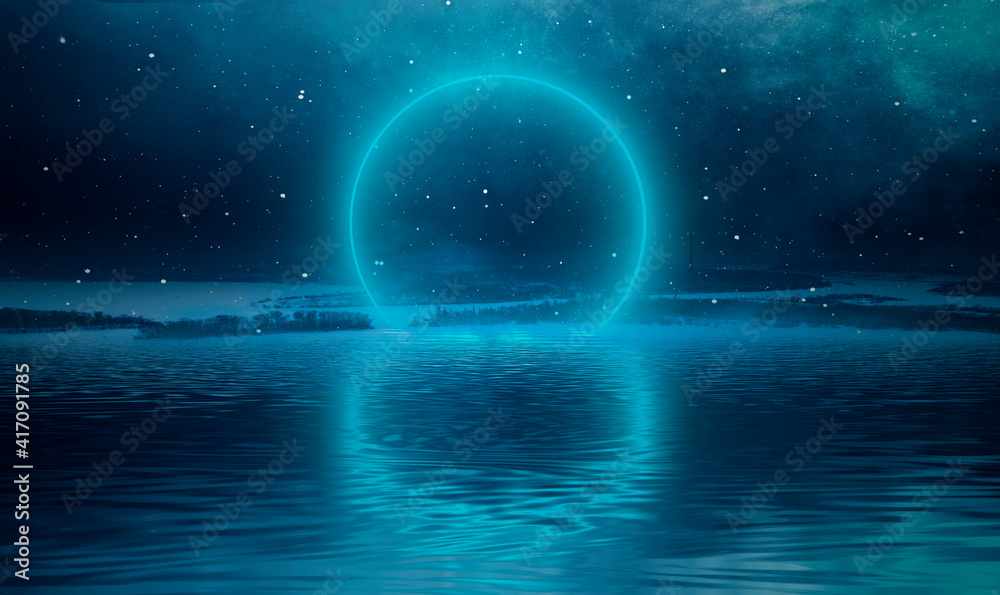 Night cold landscape from a height, forest, roads and city houses. Futuristic neon ring, portal. Reflection of light in water. Fantasy landscape. 3D illustration. 