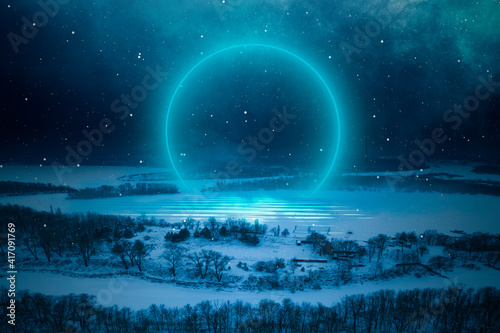 Night cold landscape from a height, forest, roads and city houses. Futuristic neon ring, portal. Reflection of light in water. Fantasy landscape. 3D illustration. 