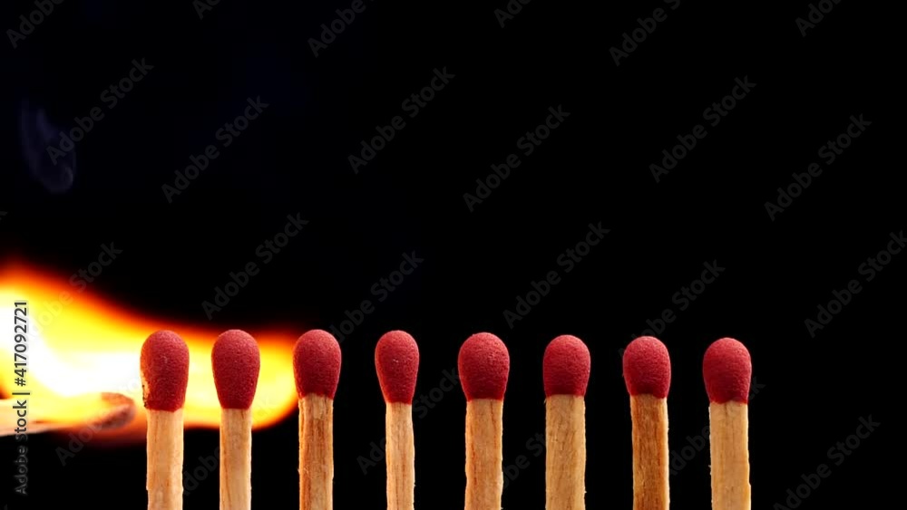 Close up burning match setting fire to a row of unlit matches isolate