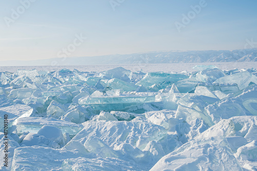 Outdoor view of ice blocks at frozen baikal lake in winter.