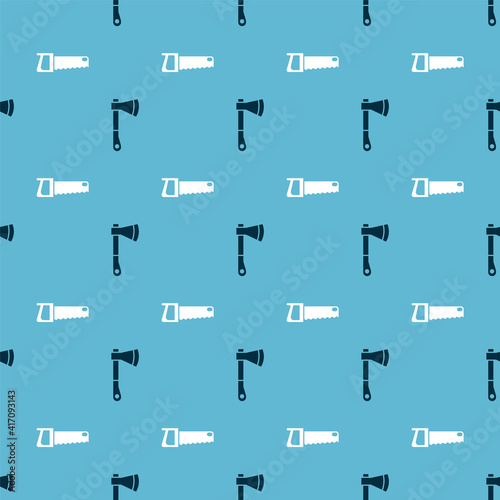 Set Wooden axe and Hand saw on seamless pattern. Vector.