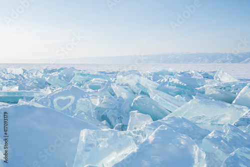 Outdoor view of ice blocks at frozen baikal lake in winter