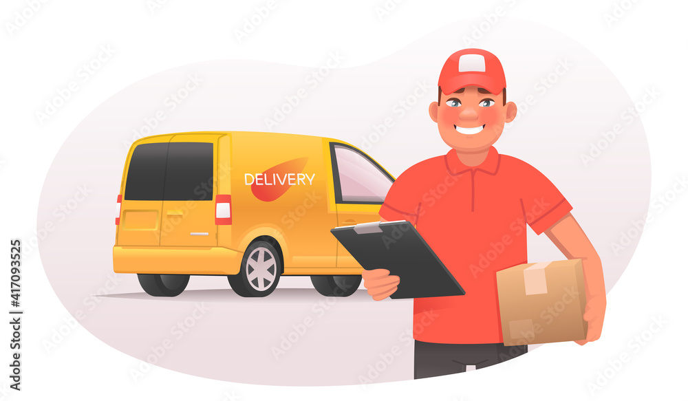 Online ordering on the marketplace and delivery of goods. Courier holds a parcel on the background of a van Online ordering on the marketplace and delivery of goods. Courier holds a parcel on the background of a van