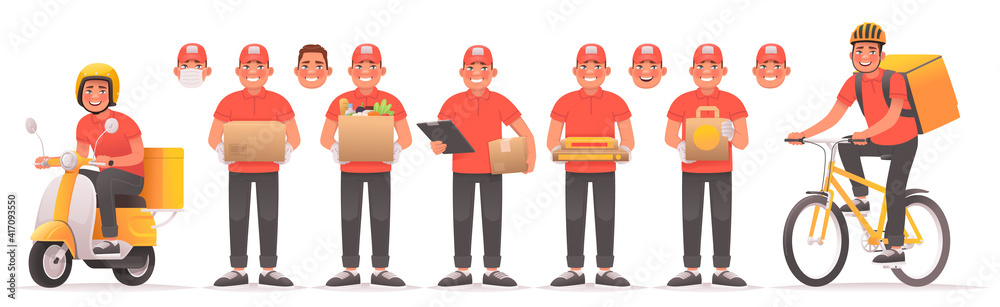 Set of courier character set for mobile application. Food and goods delivery service. The deliveryman rides a scooter and a bicycle Set of courier character set for mobile application. Food and goods delivery service. The deliveryman rides a scooter and a bicycle