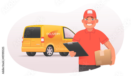 Online ordering on the marketplace and delivery of goods. Courier holds a parcel on the background of a van