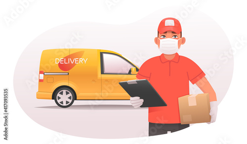 Safe delivery of goods concept. A courier in a mask and gloves holds a parcel in his hands against the backdrop of a van