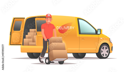 Warehouse worker unloading goods from the van. Delivery service and transport logistics. Vector illustration