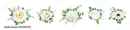 Vector floral bouquet set, editable design elements. Light yellow garden cabbage and peony roses, white anemone flowers, tender greenery eucalyptus, branches, fern leaves, ranunculus buds illustration